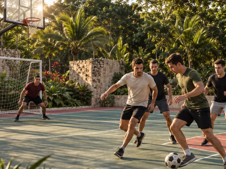 Render de las canchas deportivas multiusos rodeadas de árboles